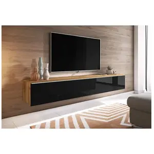 PIASKI Muebles Slavic - Meuble tv Lowboard d 180 cm, meuble tv avec éclairage led, meuble tv suspendu, couleur wotan/noir brillant pas cher