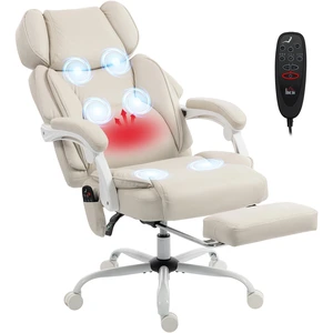 HOMCOM Fauteuil de bureau à dossier haut avec massage par vibration et chauffage, ergonomique, inclinable, avec repose-pieds, blanc crème pas cher