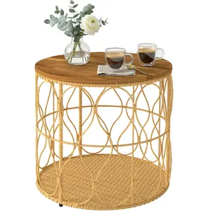 Outsunny Table d'appoint Ø50 cm résistante aux intempéries, table de jardin aspect rotin, plateau en bois d'acacia, pieds réglables Teck pas cher