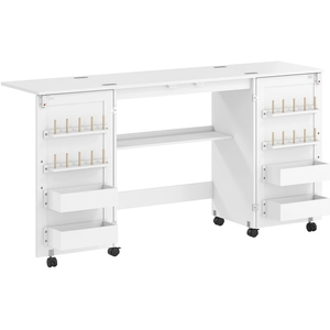 HOMCOM Table de couture pliante avec 2 portes magnétiques, table roulante de loisirs avec 4 boîtes, 20 ergots, compartiment de rangement, Blanc pas cher