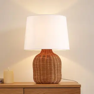 Lampe à poser Lindby Lirenda, hauteur 52 cm, rotin, naturel/blanc pas cher