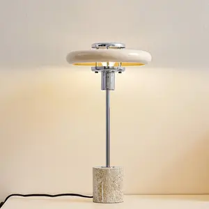 Lampe à poser Lindby Branford, 46 cm, beige, métal/travertin pas cher