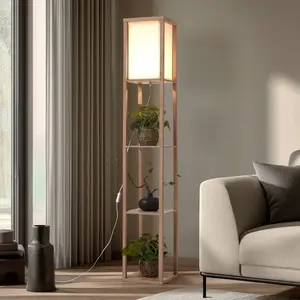 Lindby lampe sur pied Birta, couleur bois/blanc, étagère, bois pas cher