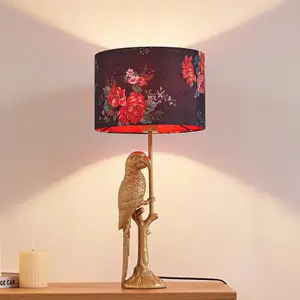Lampe à poser Lindby Marula, dorée, imprimé floral, textile, E27 pas cher