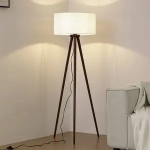 Lampe sur pied Lindby Charlia, blanc, bois de noyer, hauteur 150 cm