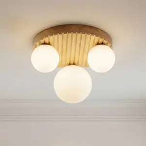 Plafonnier Lindby Mori, Ø 34 cm, G9, naturel/blanc, bois/verre pas cher