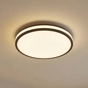 Plafonnier LED Lindby Emiva, Ø 40 cm, bois foncé, CCT pas cher
