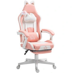 HOMCOM Fauteuil Gamer avec Oreilles de Chat, dossier inclinable, repose-pieds escamotable, jusqu'à 120 kg, Rose/Blanc pas cher