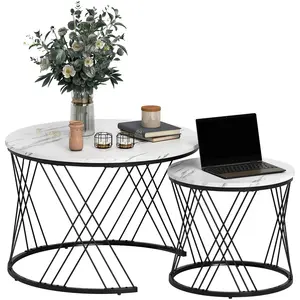 HOMCOM Ensemble de 2 tables basses avec effet marbre, panneau de particules, métal, tables basses rondes pour salon, gigogne, blanc pas cher
