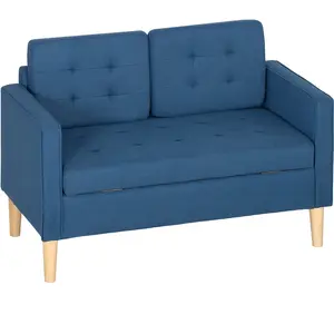 HOMCOM Canapé 2 places avec rangement et capitonnage, pieds en bois d'hévéa, 117 x 62 x 78 cm, Bleu pas cher