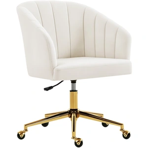 HOMCOM Chaise de bureau aspect velours, rembourrage en mousse, réglable en hauteur, à roulettes, base en acier, Blanc crème pas cher