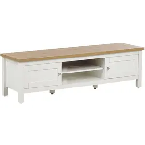 BELIANI Meuble TV Moderne MDF avec Rangement et Étagères de Salon 140 cm Blanc et Bois Clair Atoca pas cher