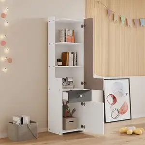 DREAMMESPACE Bibliothèque haute, 45x40x184cm, avec tiroir, porte, étagère ado avec porte en L, MDF, blanc + couleur orme clair + grisVendu parcdiscount