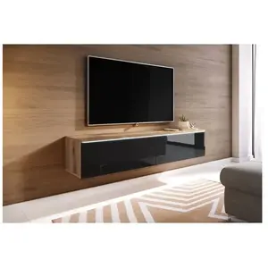 PIASKI Muebles Slavic - Meuble tv Lowboard d 140 cm, meuble tv avec éclairage led, meuble tv suspendu, couleur wotan/noir brillant pas cher