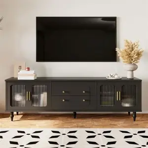 DREAMMESPACE Meuble TV 175x38x55.5cm, style rétro, avec 2 portes vitrées et 2 tiroirs, pieds en bois massif, noir pas cher