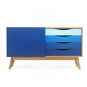 Comparateur de prix : PARIS PRIX Buffet 4 Tiroirs & 1 Porte "Avon" 128cm Chêne & Bleu Foncé