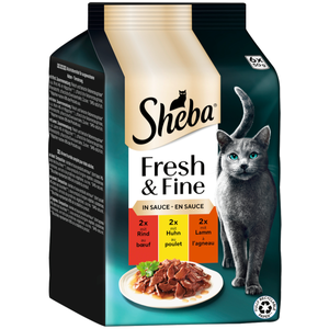 6x50g Fresh & Fine, Boeuf poulet et agneau en sauce Sheba pâtée pour c... pas cher