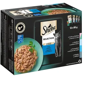 Multipack Sheba 12 x 85 g pour chat - Sélection en sauce (saumon, poisson blanc, poisson de mer, cabillaud) pas cher
