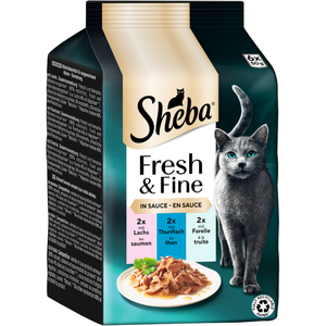 6x50g Fresh & Fine, saumon thon et truite en sauce Sheba pâtée pour ch... pas cher