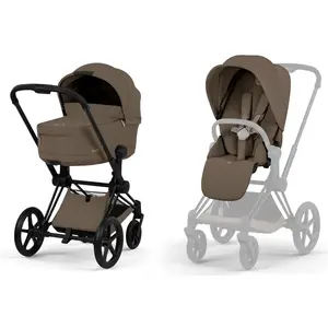 Duo PRIAM 2026 Poussette tout-terrain avec nacelle pliable et Châssis Matt Black Coconut Brown