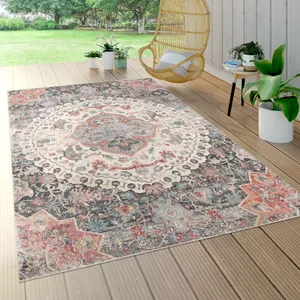 PACO HOME Tapis Intérieur & Extérieur, Poils Ras Pour Balcon Terrasse, Motif Oriental Gris [Ø 200 cm rond]Vendu parcdiscount