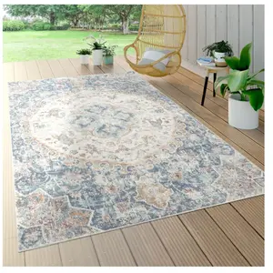 PACO HOME Tapis Intérieur & Extérieur, Poils Ras Pour Balcon Terrasse, Motif Oriental Bleu [Ø 160 cm rond]
