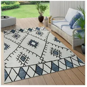 PACO HOME Tapis Intérieur & Extérieur Tissage À Plat Géométrique Abstrait Design Losanges Ethnique Bleu  [80x150 cm] pas cher