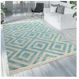 Tapis Extérieur Bleu Blanc Balcon Terrasse Motif Losanges Design Scand...