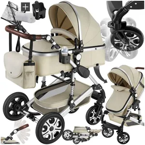 TECTAKE Poussette combinée 2-en-1 pliable avec harnais à 5 points, frein, arceau de sécurité et dragonne gris/beige