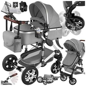 TECTAKE Poussette combinée 2-en-1 pliable avec harnais à 5 points, frein, arceau de sécurité et dragonne gris