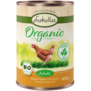 Lukullus Organic Adult poulet, carottes (sans gluten) pour chien - 6 x 400 g pas cher