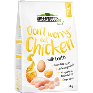 3kg Greenwoods poulet, lentilles, pommes de terre, oeuf - Croquettes pour chat pas cher