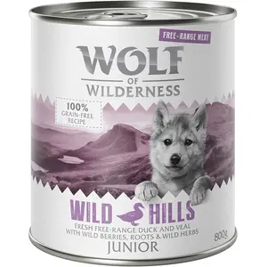 6x800g Junior Free Range Wild Hills canard, veau Wolf of Wilderness - Pâtée pour chien