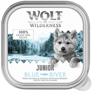 Wolf of Wilderness JUNIOR Duo de protéines 6 / 24 barquettes de 150 g pour chiot - 6 x 150 g Blue River poulet, saumon pas cher