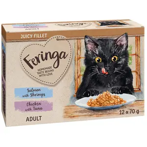 Feringa Filets juteux 12 x 70 g pour chat lot mixte : saumon & crevettes et poulet & thon (12 x 70 g) pas cher