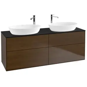 V&B Meuble sous lavabo Finion 160x60 cm, plaque d'abattant bleue, placage noyer pas cher