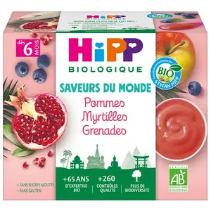 Hipp Bio 100% Fruits Coupelle Pommes Myrtilles Grenades +4m 4 x 100gVendu paramazon