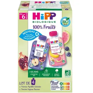Hipp Gourdes 100% Fruits 2 variétés B 6 mois 4x90g pas cher
