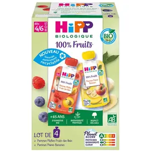 Hipp Gourdes 100% Fruits 2 variétés 4/6 mois 4x90g pas cher