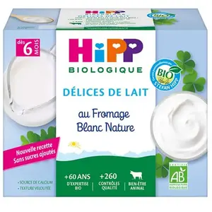 Comparateur de prix : Hipp Bio Délices de Lait Fromage Blanc Nature Sucré +6m 4 x 100g