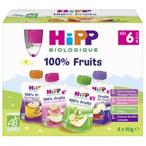 Hipp Bio 100% Fruits Gourde Multipack 4 variétés +6m 8 x 90gVendu paratida-santediscount