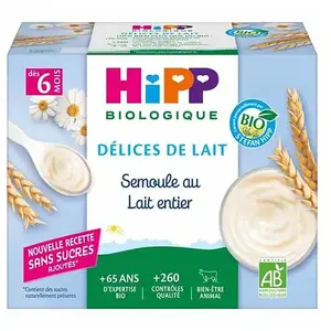 Comparateur de prix : Hipp Bio Délices de Lait Semoule au Lait Entier +6m 4 x 100g