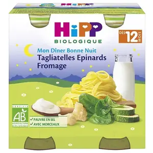 HiPP BIOLOGIQUE Bonne Nuit Tagliatelles Epinards Fromage pots 2x250g pas cher