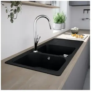enoova evineo line 100 Évier de cuisine avec deux cuves et surface de dépose l: 116 P: 50 cm, FOD200BL, pas cher
