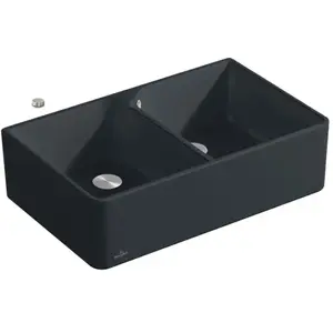V&B Évier double bac 80 x m avec garniture vidage, excentrique, noir pur