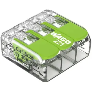 Comparateur de prix : 50 mini connecteur WAGO 3 entrées pour fil souple ou rigide "Green Range" 221-423
