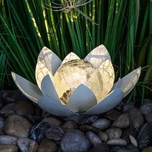 Comparateur de prix : Fleur de lotus solaire LED avec boule en verre craquelé - 25 x 11 cm -...