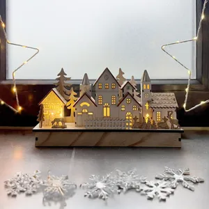 Comparateur de prix : Spetebo Led Ville d'hiver en bois avec éclairage blanc chaud - 30 x 14 cm - Scène de village de Noël, décoration de table à piles