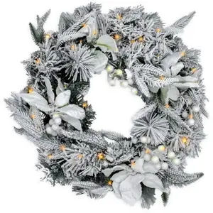 Couronne de sapin led avec neige et fleurs éclairée en blanc chaud - 51 cm / 35 led - Couronne de Noël à piles avec minuterie
