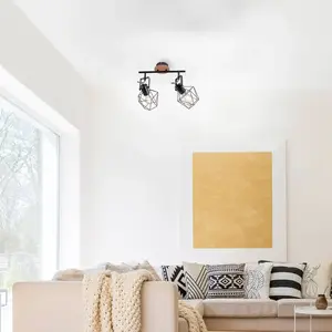 Leuchten Direkt JUST LIGHT. Plafonnier Jaro réglable noir/bois à 2 lampes pas cher